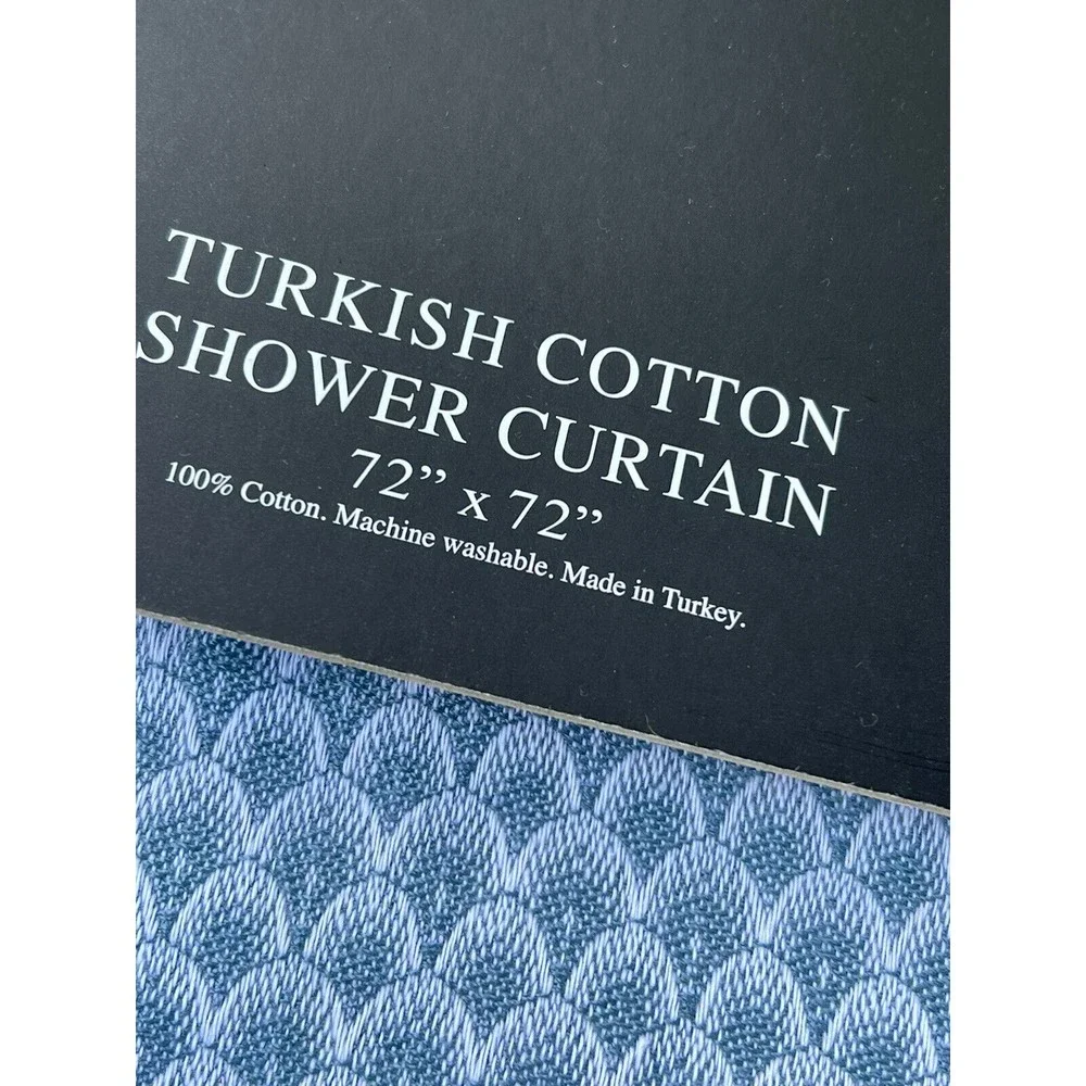 Hotel Balfour 100% Turkish Cotton White Shower Curtain Spa Blue Border W/ Fringe